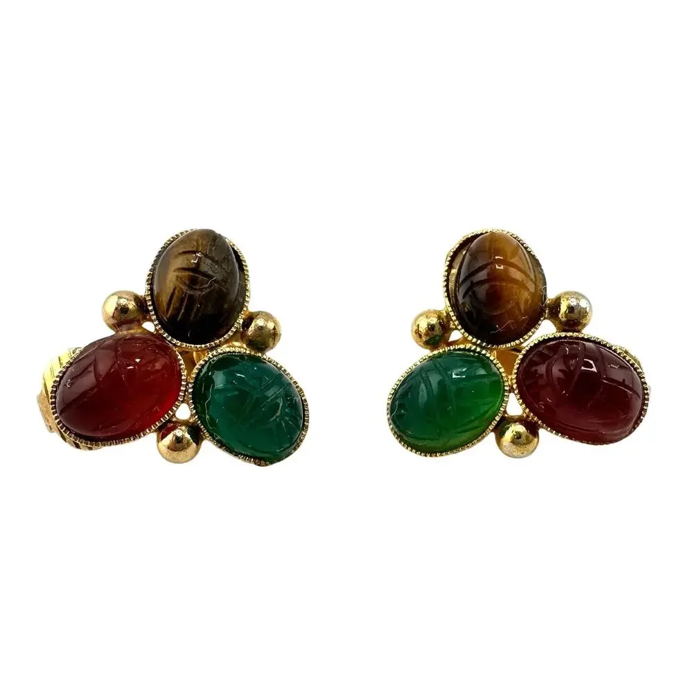 Vintage Carved Scarab Cabochons Tigers Eye Glass Cold Tone .5